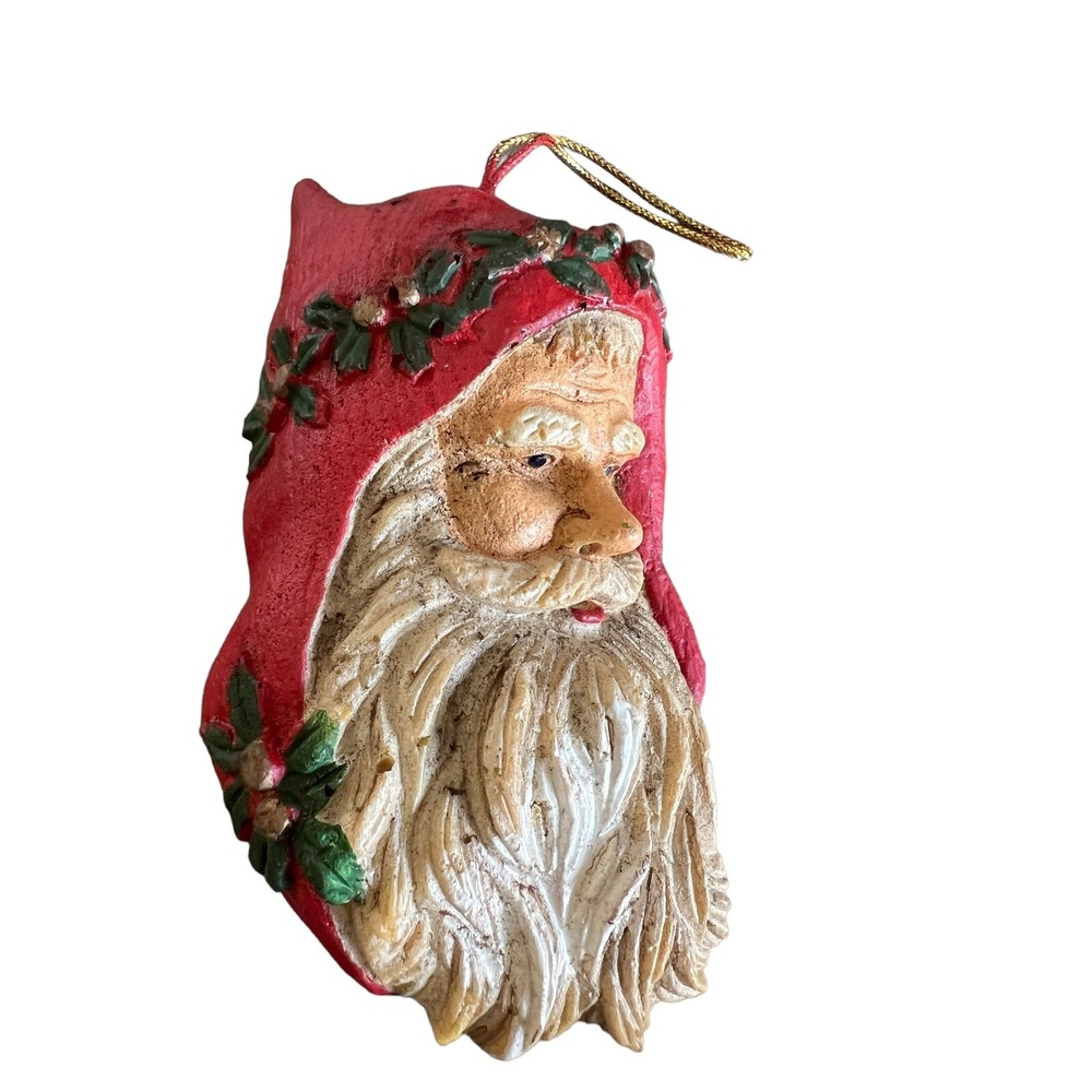 Vintage Santa Claus Head Ornament Resin Red Hood Holly Berry Christmas Decor